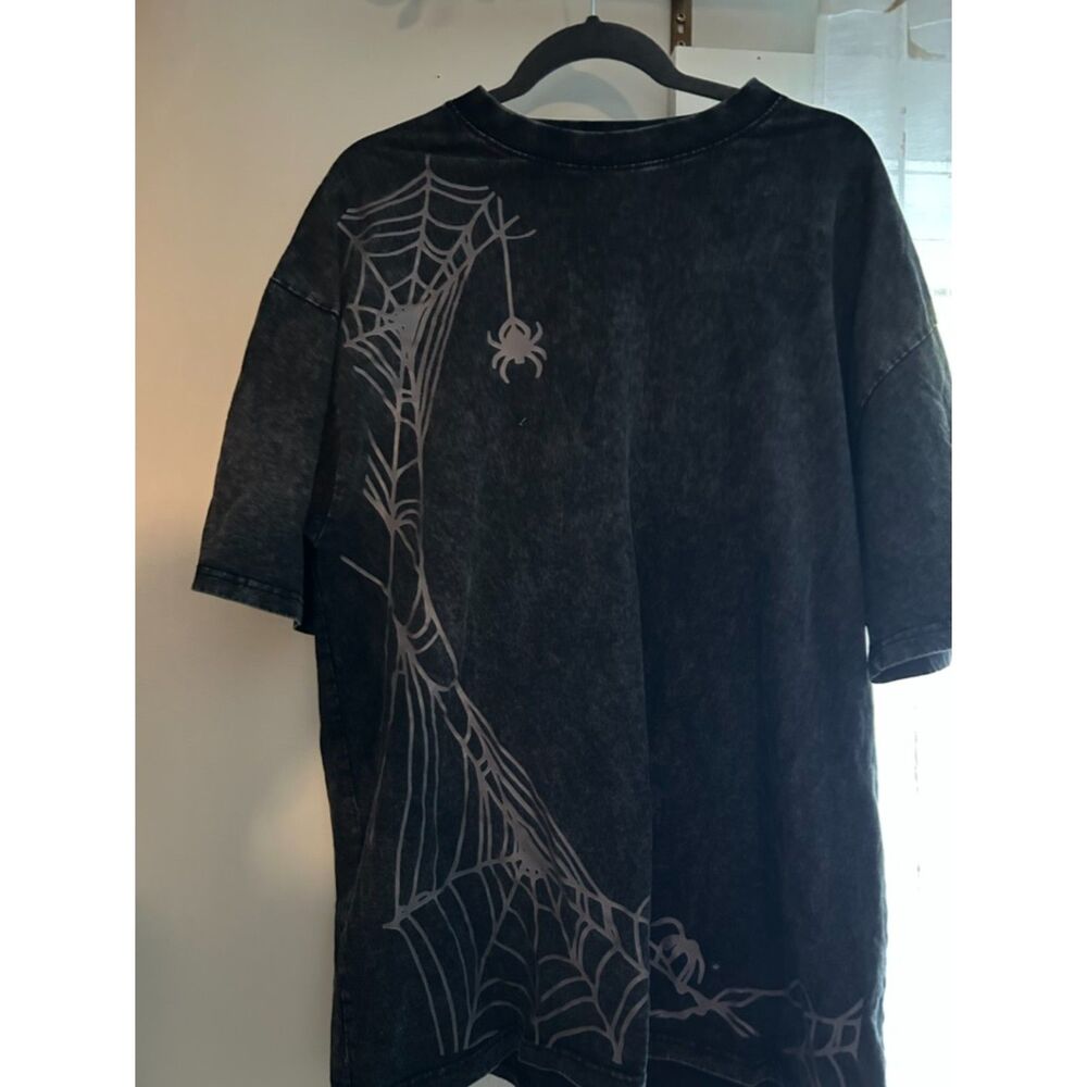 Black Acid Wash Spiderweb Spider Graphic Oversized T Shirt Goth Halloween